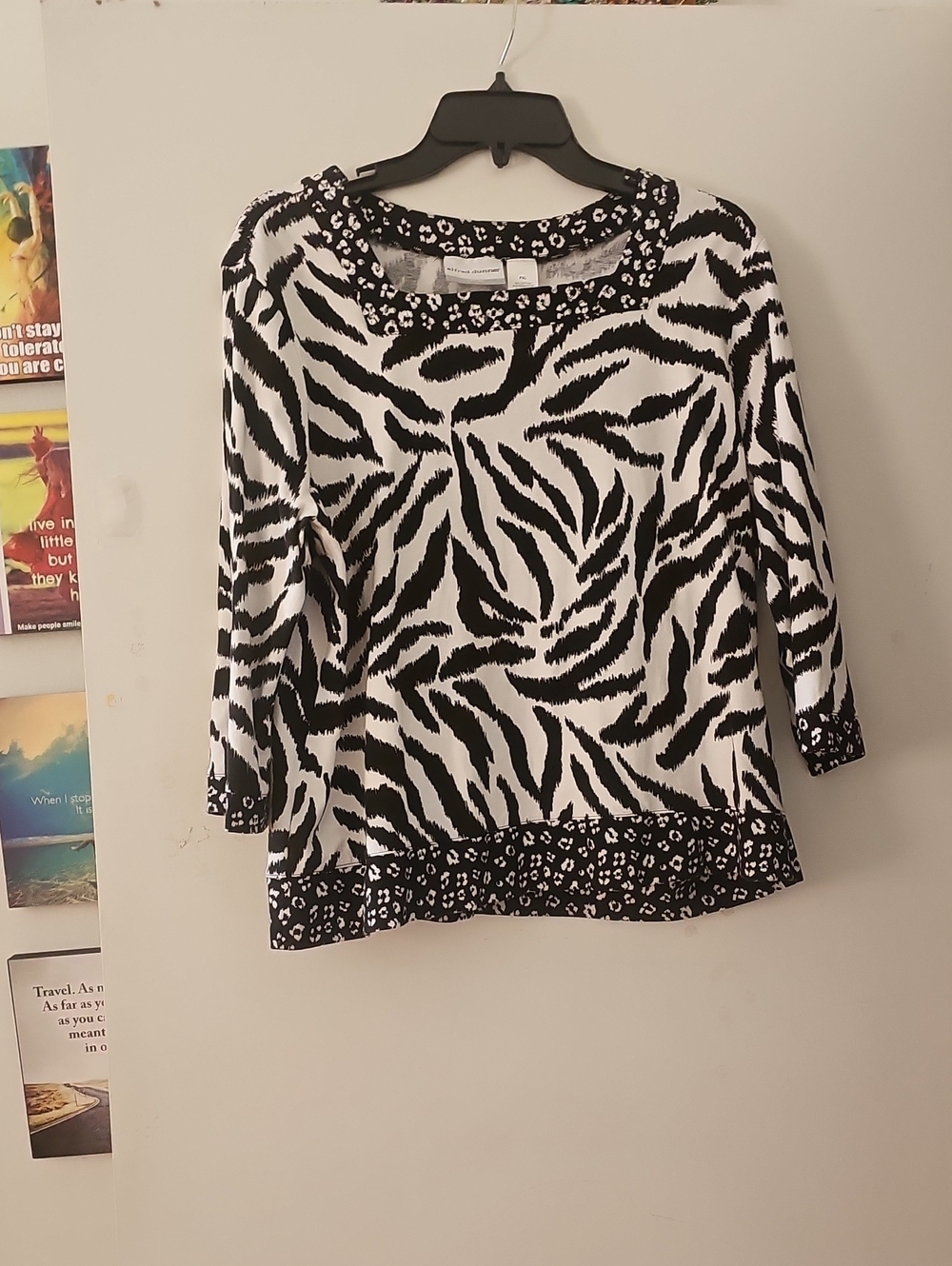 Alfred Dunner Black and White Animal-Print Long Sleeve Top